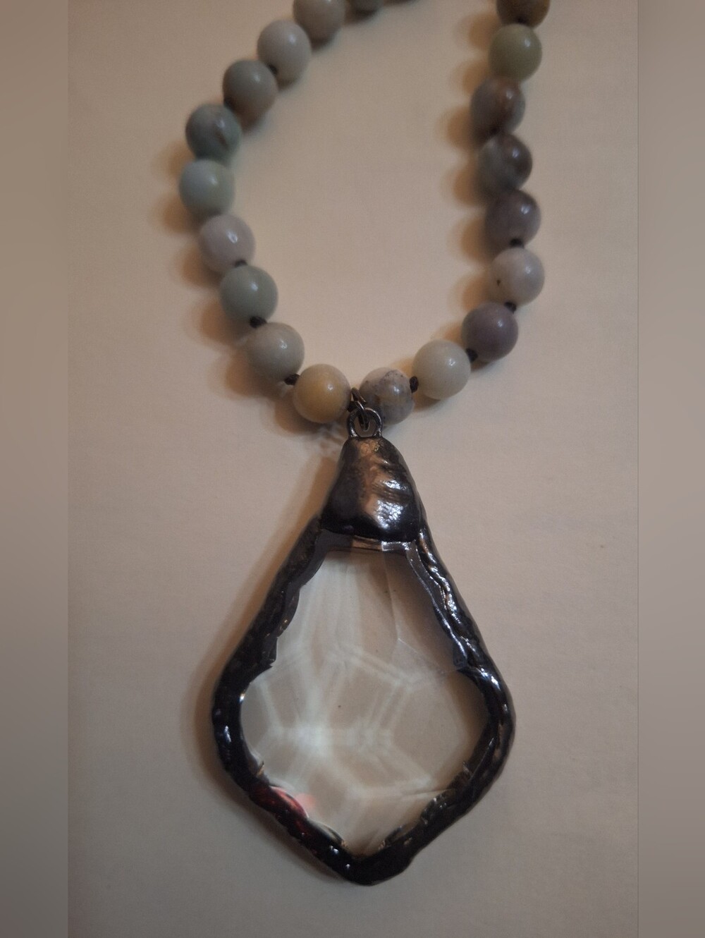 Oak & Ivy Boutique Long Stone Necklace With 2.5" Gun-metal Wrapped Pendant NWOT